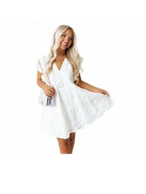 Storia Stitched Bohemian Tiered Mini White Dress Women’s Medium Lined